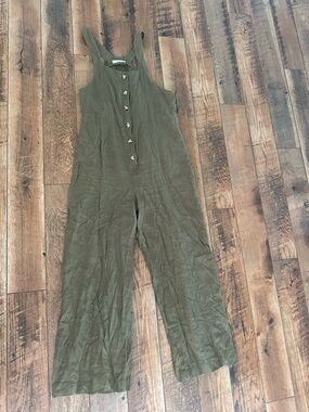 Mango Olive Green Button-Front Linen Jumpsuit